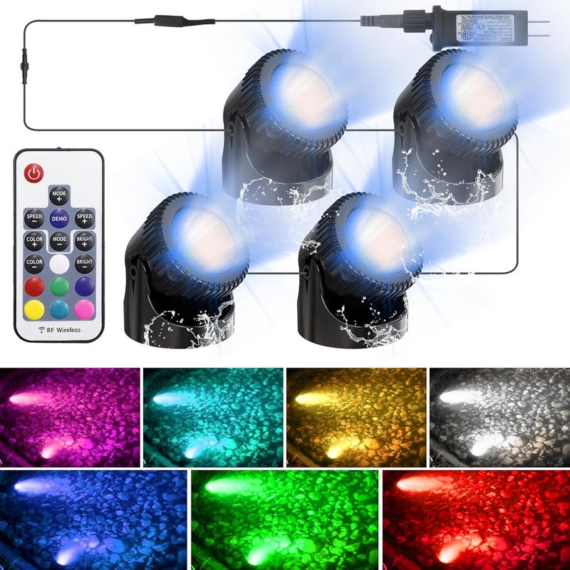 Srygery RGB Underwater Pond Lights, 20 Colors Dimmable Submersible Led Fountain Lights with Timer, IP68 Waterproof with Remote Control for Outdoor Ponds Aquarium Garden Pool (Set of 4) - Image 1